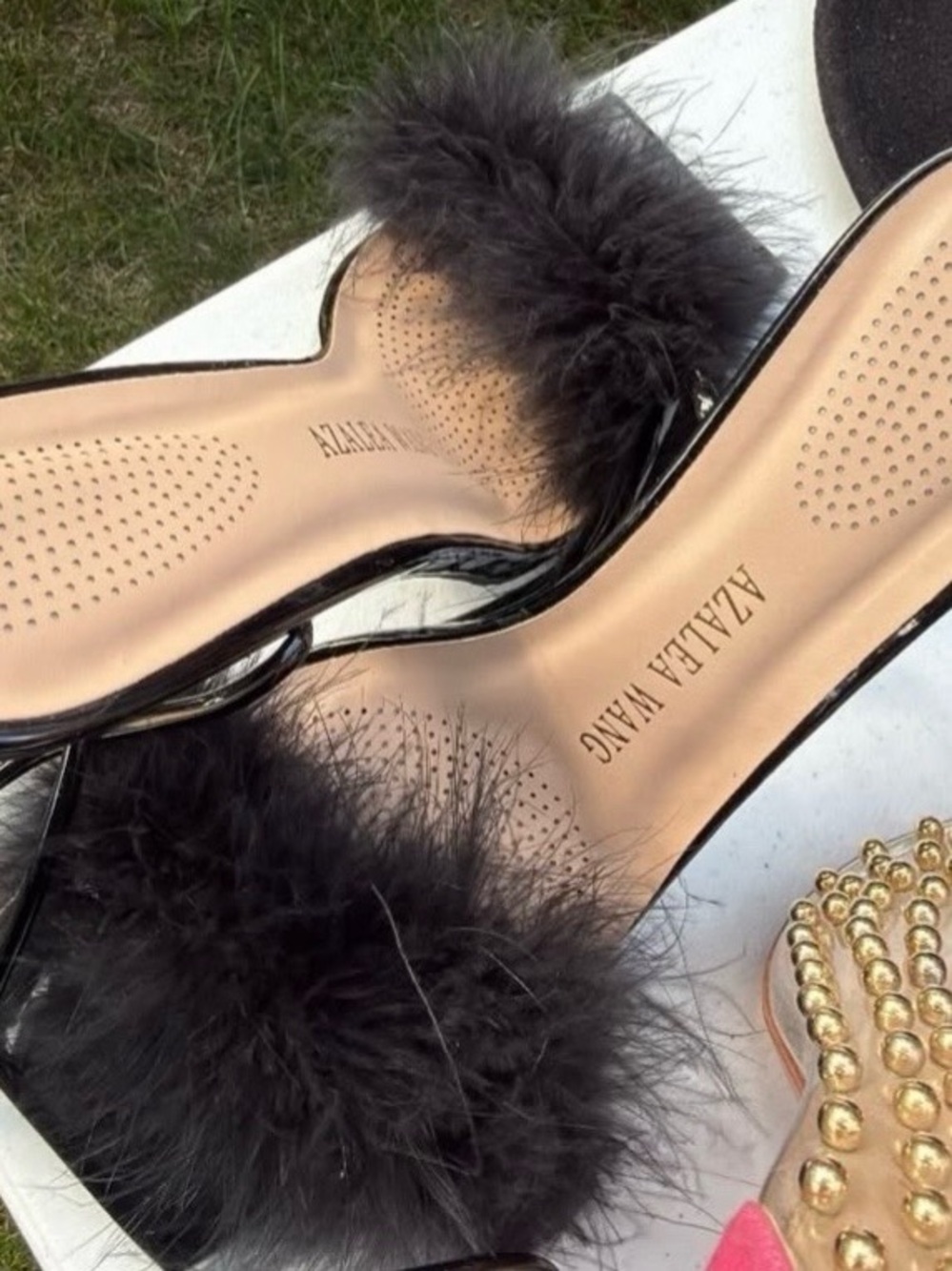 Azalea Wang Pixie Feather Black Stiletto Mule Heels